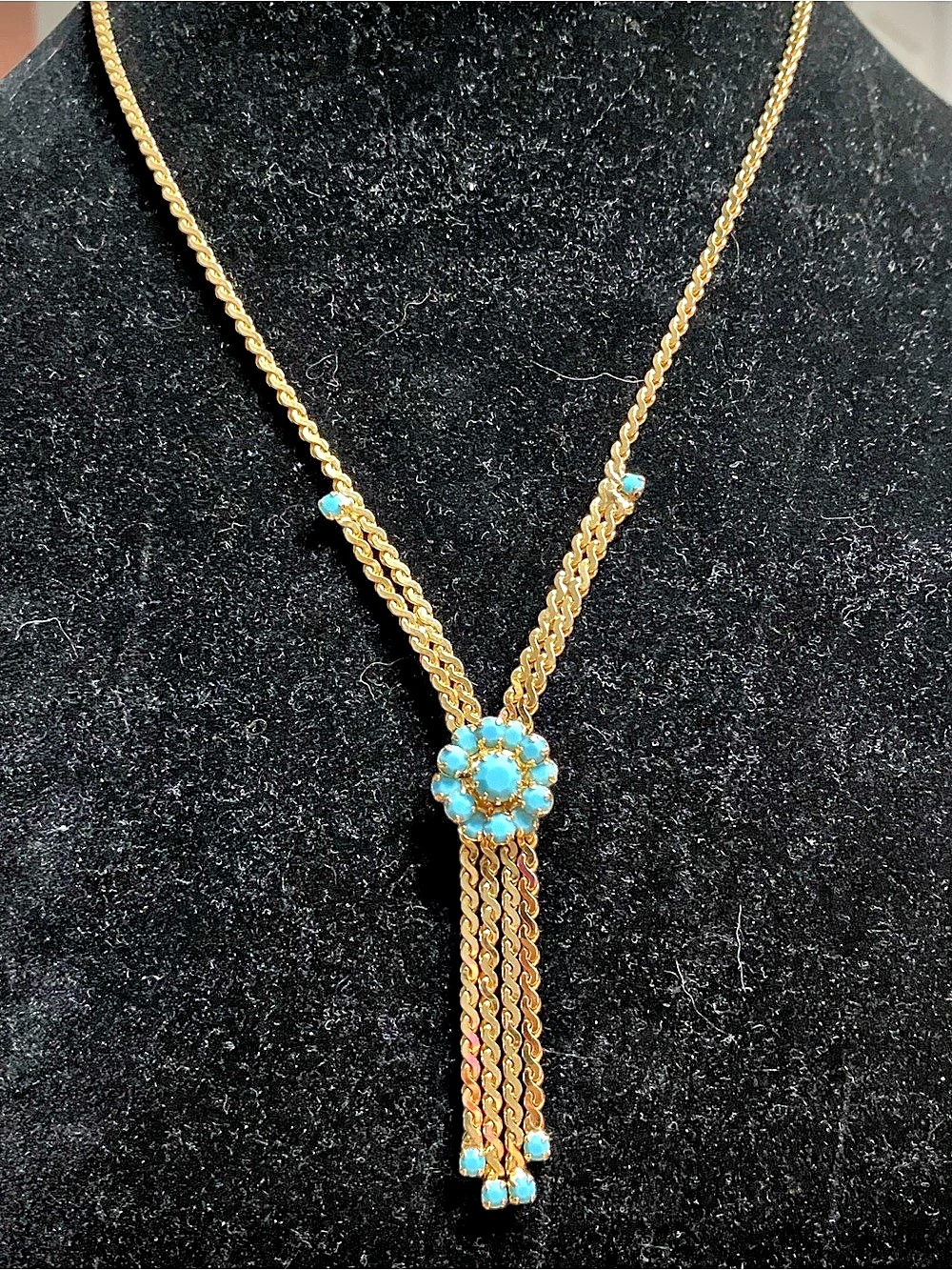 Gold & Blue Tassel Pendant Lariat Necklace